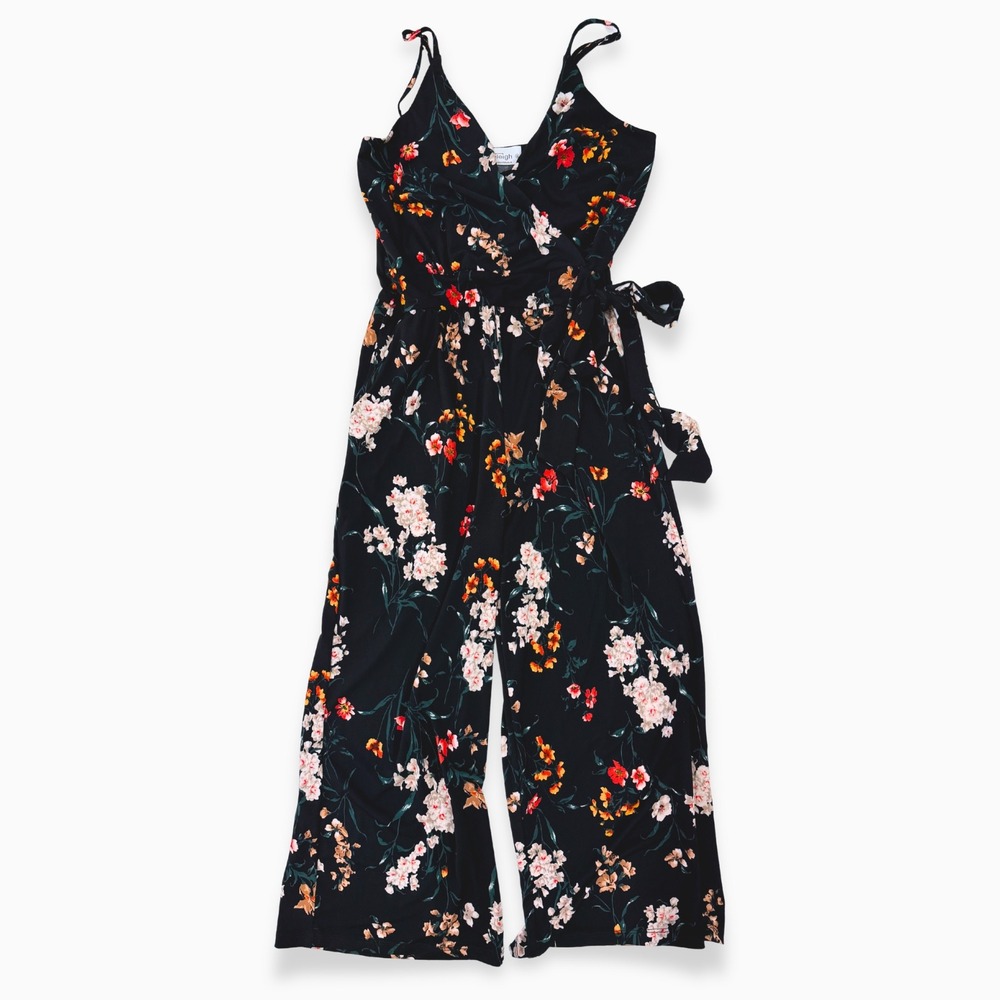Kaileigh Rica Knit Crop Floral Jumpsuit Black Wide Leg Small Cottagecore Boho